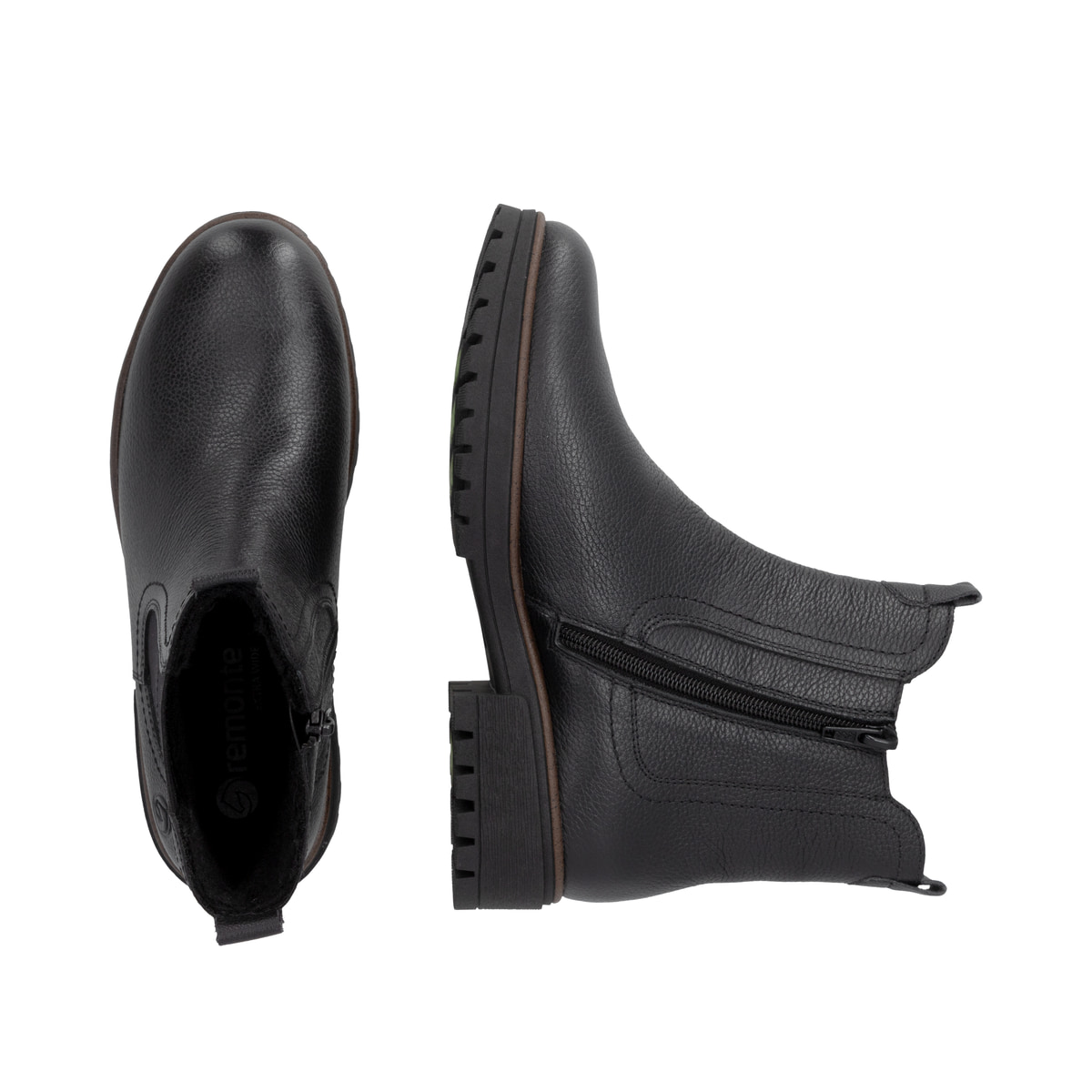 Schwarze remonte Chelsea Boots D3W73-00 mit wasserabweisender remonteTEX-Membran. Schuh von oben, liegend.