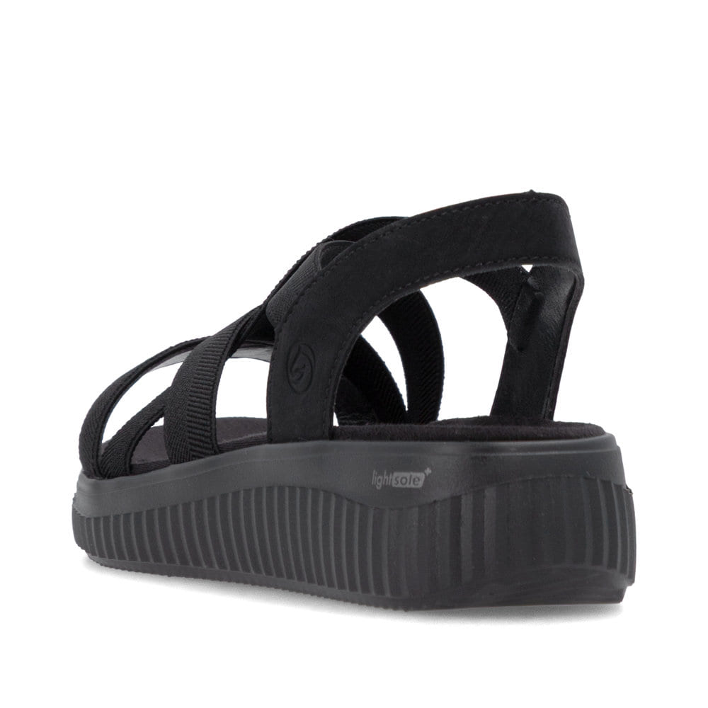 Schwarze remonte Riemchensandalen D3L52-00 mit einem Gummizug sowie Extraweite H. Schuh von hinten.