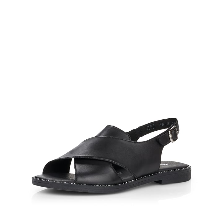 Tiefschwarze remonte Damen Riemchensandalen D3650-01 mit Klettverschluss. Schuh seitlich schräg.