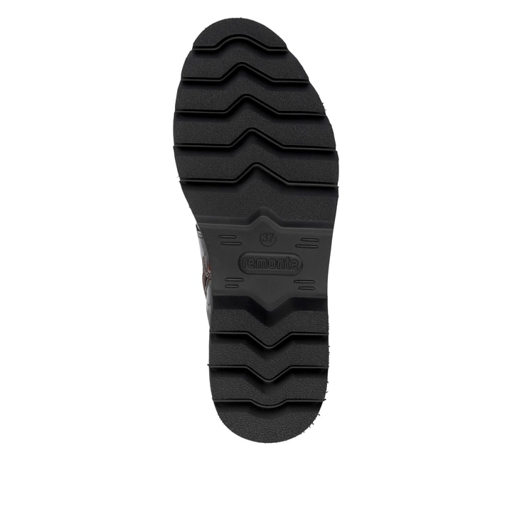 Dunkelbraune remonte Damen Schnürstiefel D3S72-25 mit einem Reißverschluss. Schuh Laufsohle.