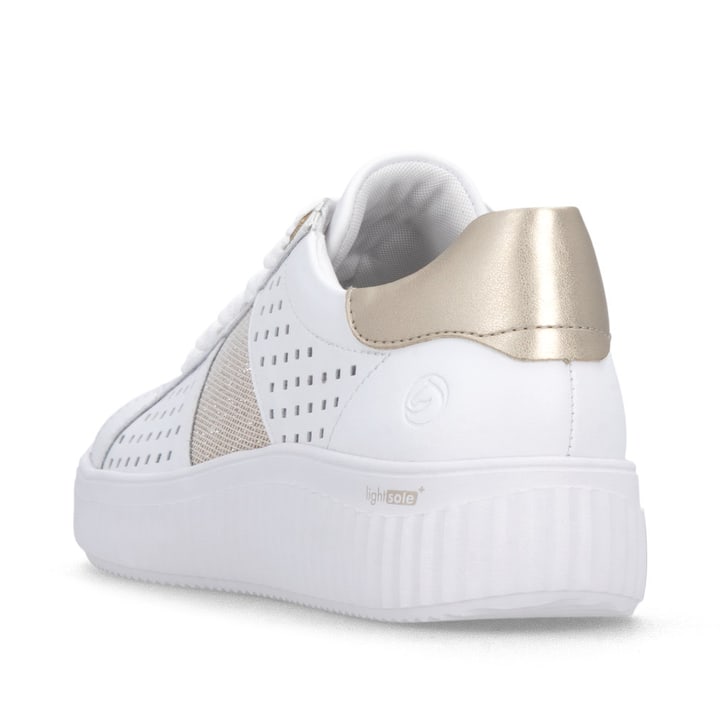 Weißbeige remonte Damen Schnürschuhe D3E04-80 mit dekorativem Schmuckdetail. Schuh von hinten.