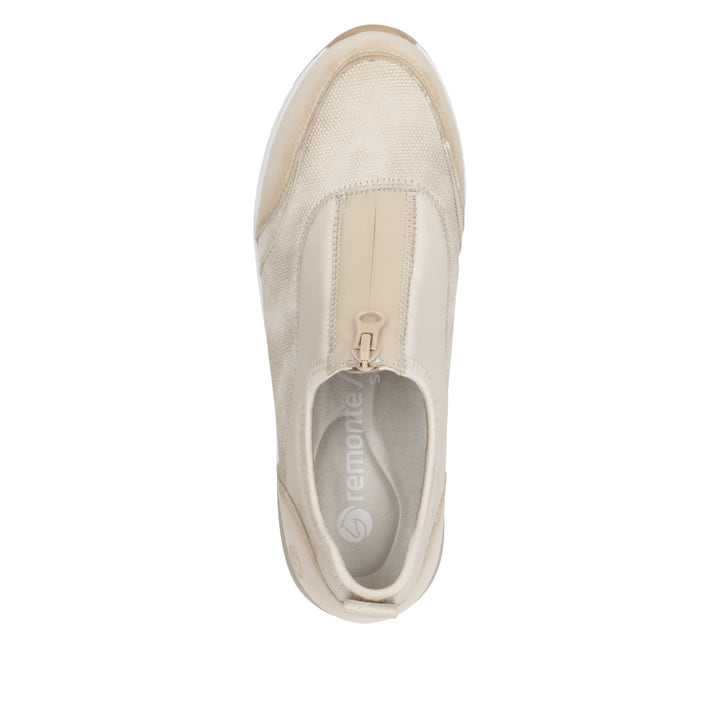 Beige vegane remonte Damen Slipper D0T08-61 mit einem Reißverschluss. Schuh von oben.
