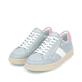 Blaue remonte Damen Sneaker Low D2C02-12 mit Reißverschluss sowie Komfortweite G. Schuhpaar seitlich schräg.