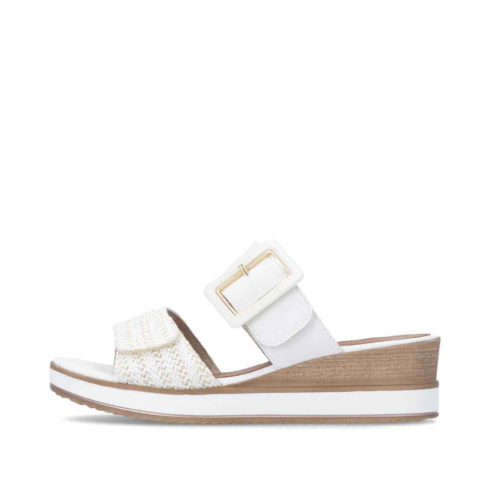 Weiße remonte Damen Pantoletten D6463-80 mit trendiger Schnalle. Schuh Außenseite.