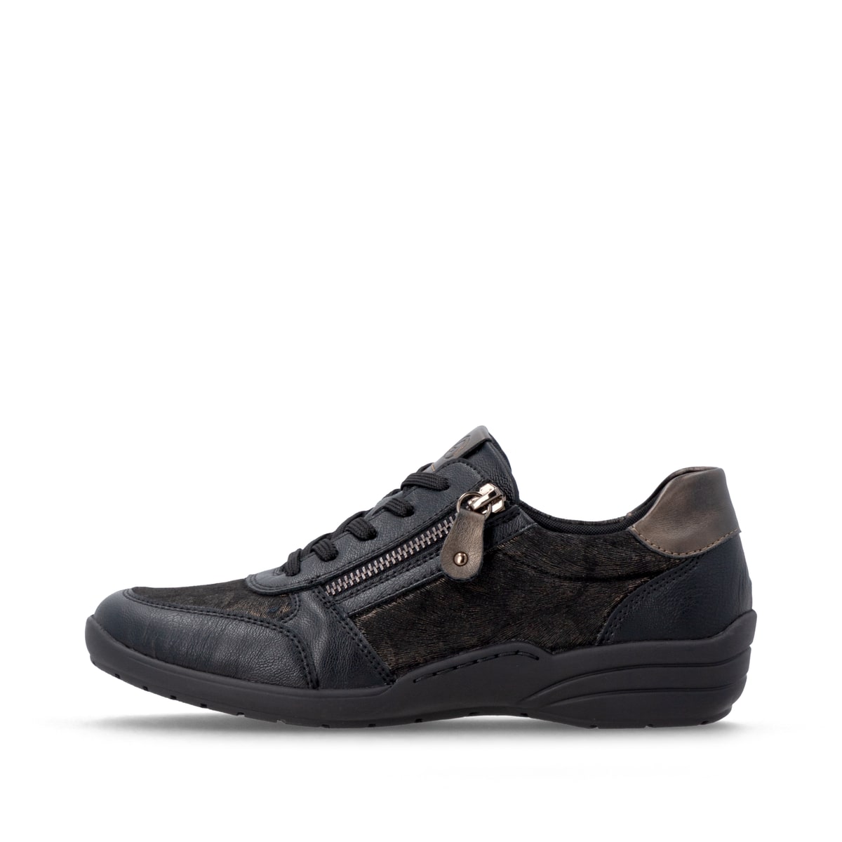 Schwarz-bronzene remonte Damen Schnürschuhe R7637-91 mit einem Reißverschluss. Schuh Außenseite.