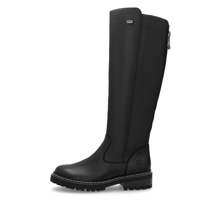 
Asphaltschwarze remonte Damen Hochschaftstiefel D0B72-01 mit einer Profilsohle. Schuh Außenseite