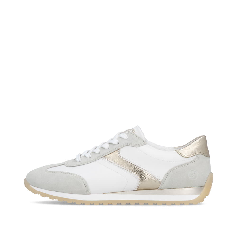 Weiße remonte Damen Sneaker D3H03-80 mit einer Schnürung sowie der Extraweite H. Schuh Außenseite.