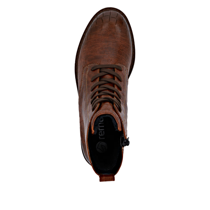 Braune remonte Damen Schnürstiefel D2Q71-22 mit einem Reißverschluss. Schuh von oben.