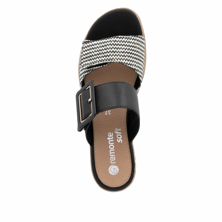 Schwarze remonte Damen Pantoletten D6463-03 mit einem Klettverschluss. Schuh von oben.