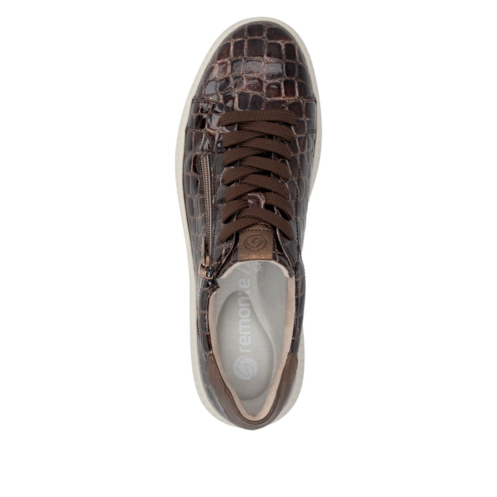 Baskets basses remonte marron végan femmes D2E01-25 avec fermeture éclair. Chaussure vue de dessus.