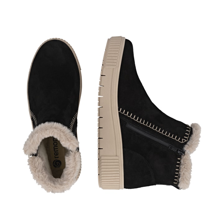 Schwarz-beige remonte Damen Kurzstiefel D3B70-03 mit modernen Ziernähten. Schuh von oben, liegend.