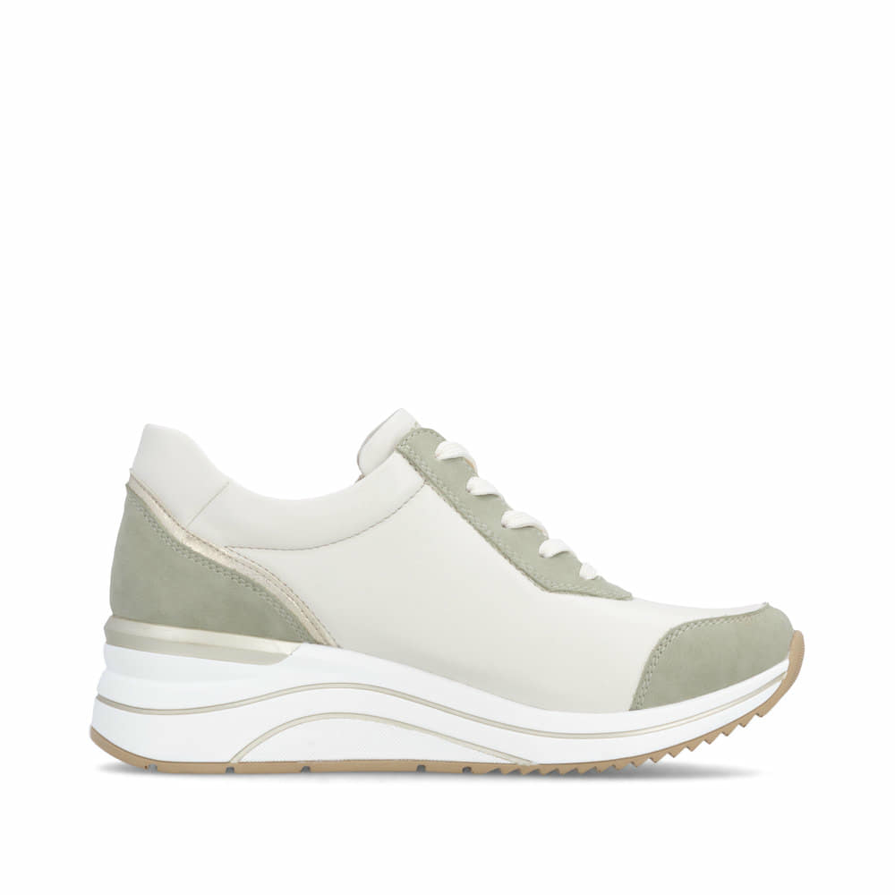Grünweiße vegane remonte Damen Sneaker D0T01-82 mit einem Reißverschluss. Schuh Innenseite.