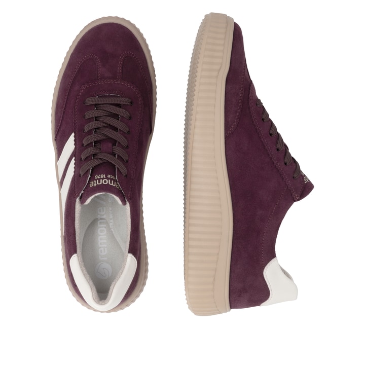 Baskets basses remonte rouges femmes D3E00-30 avec la semelle lightsole+. Chaussure vue de dessus, couchée.