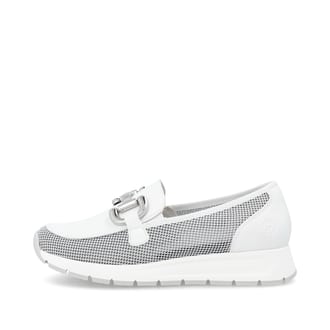 Weiße remonte Damen Loafer D2G02-80 mit einem Gummizug sowie der Komfortweite G. Schuh Außenseite.