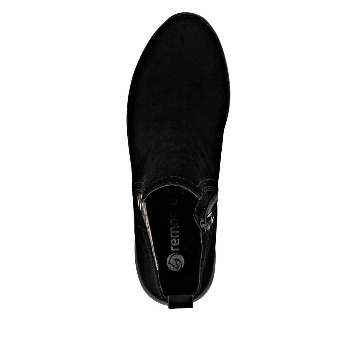 Schwarze remonte Chelsea Boots D0T75-04 mit Leo-Print sowie einem Reißverschluss. Schuh von oben.