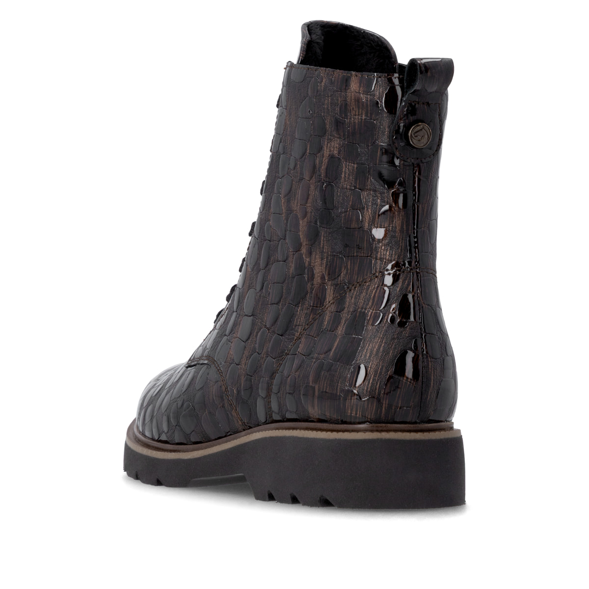 Dunkelbraune remonte Damen Schnürstiefel D3S72-25 mit einem Reißverschluss. Schuh von hinten.