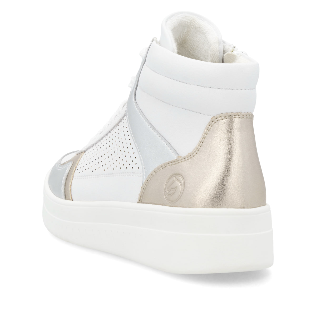 Weiße remonte Damen Sneaker High D0J70-82 mit einem Reißverschluss. Schuh von hinten.