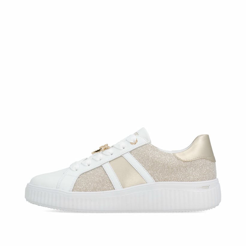 Goldene vegane remonte Damen Schnürschuhe D3E01-90 mit dekorativem Schmuckdetail. Schuh Außenseite.