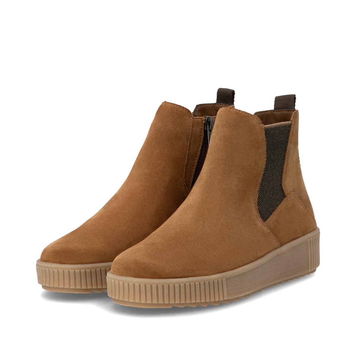 Cognacfarbene remonte Chelsea Boots R7994-26 mit einem Reißverschluss. Schuhpaar seitlich schräg.
