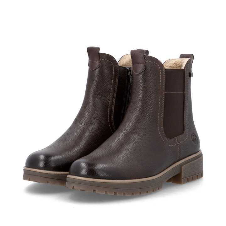 Dunkelbraune remonte Chelsea Boots D3W73-25 mit wasserabweisender TEX-Membran. Schuhpaar seitlich schräg.