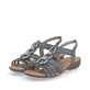 Blaue remonte Riemchensandalen R3605-12 mit einem Gummizug sowie flexibler Sohle. Schuhpaar seitlich schräg.