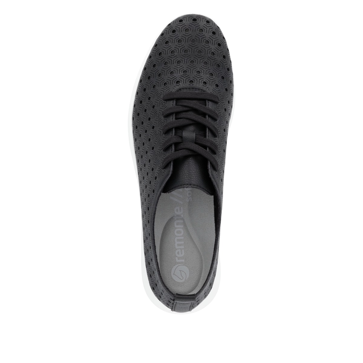 Schwarze remonte Damen Schnürschuhe R7101-00 mit der Komfortweite G. Schuh von oben.