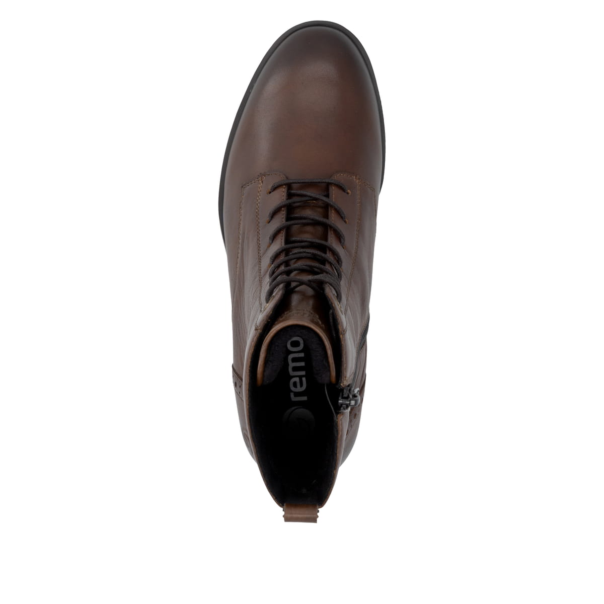 Braune remonte Damen Schnürstiefel D3U71-22 mit einem Reißverschluss. Schuh von oben.