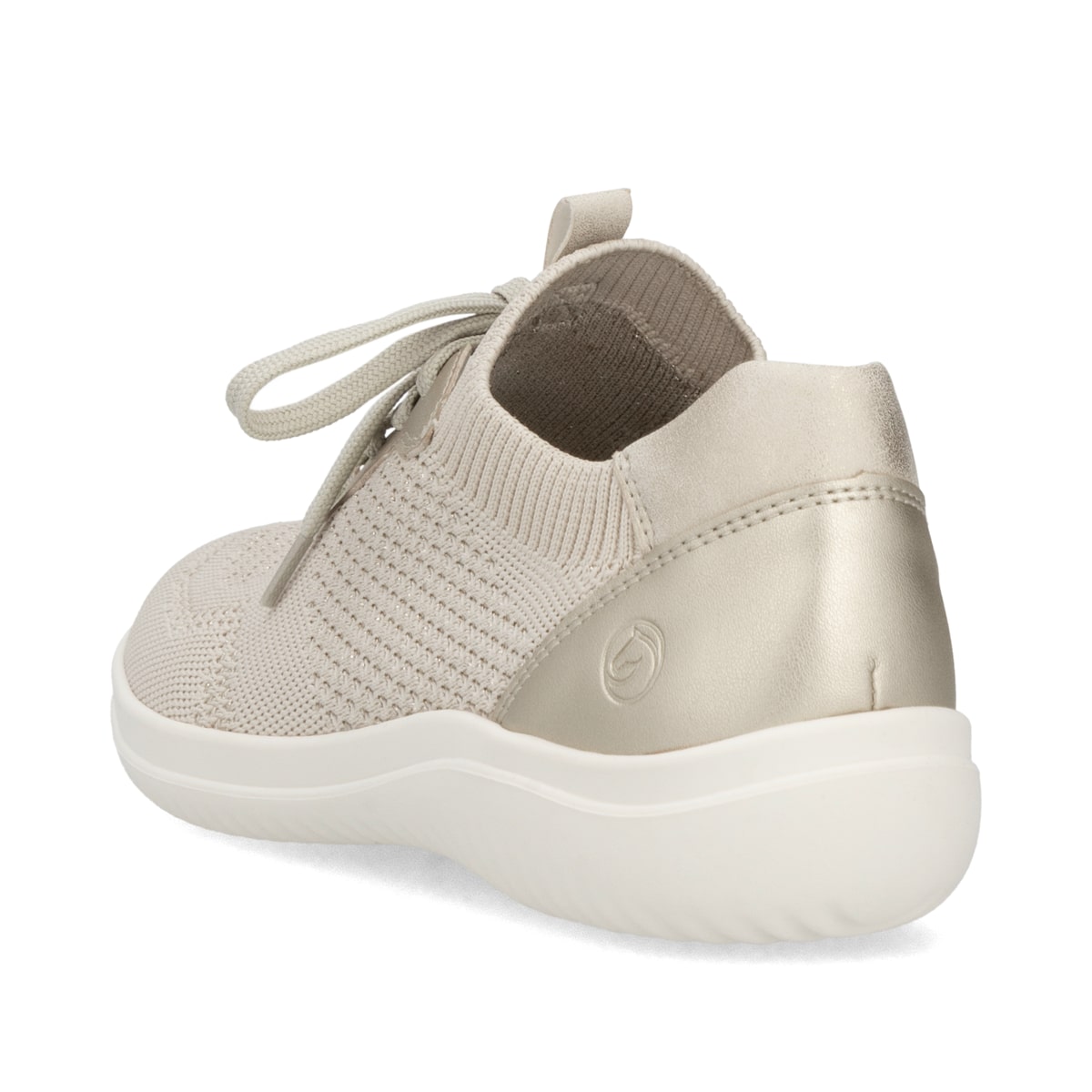 Beige remonte Damen Slipper D1E05-60 mit einem Gummizug sowie der Komfortweite G. Schuh von hinten.