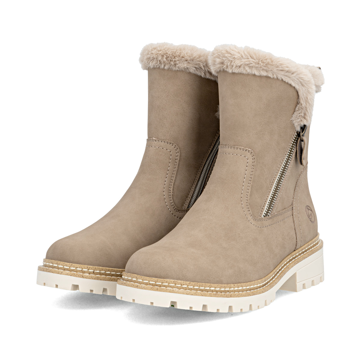 Dunkelbeige remonte Damen Kurzstiefel D0B83-20 mit griffiger Glass-Fibre Sohle. Schuhpaar seitlich schräg.