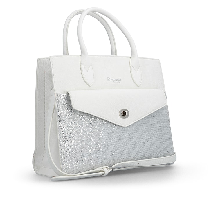 Sac à main remonte Q0765-80 blanc avec paillettes étincelantes et bretelle détachable ajustable. Côté gauche.
