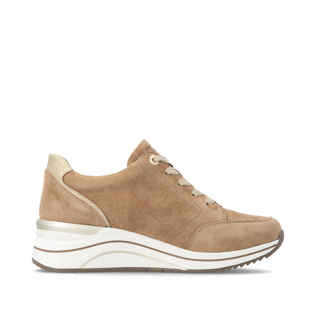 Camelfarbene remonte Damen Sneaker D0T03-64 mit einem Reißverschluss. Schuh Innenseite.