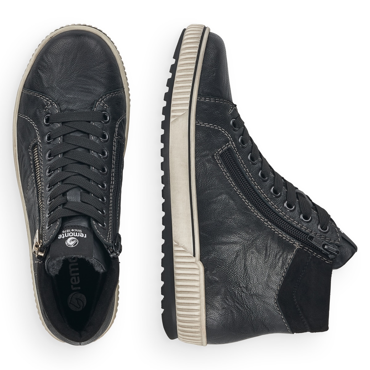 Schwarze remonte Damen Schnürstiefel D0772-01 mit wasserabweisender TEX-Membran. Schuh von oben, liegend.