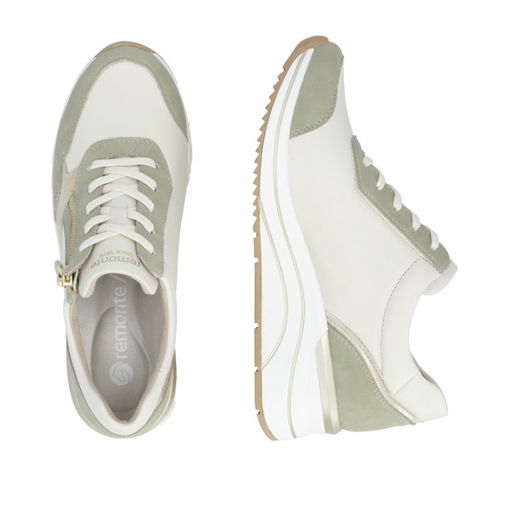 Grünweiße vegane remonte Damen Sneaker D0T01-82 mit einem Reißverschluss. Schuh von oben, liegend.