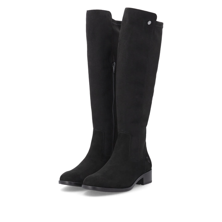 Bottes cuissardes remonte noires femmes D3U70-00 avec fermeture éclair. Chaussures inclinées sur le côté.