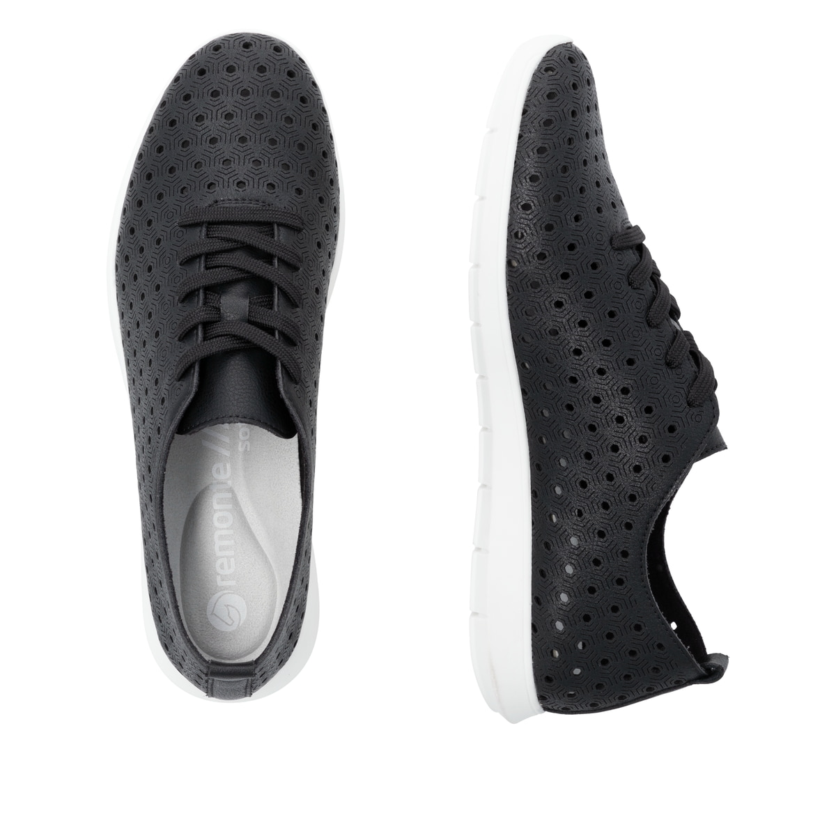 Schwarze remonte Damen Schnürschuhe R7101-00 mit der Komfortweite G. Schuh von oben, liegend.