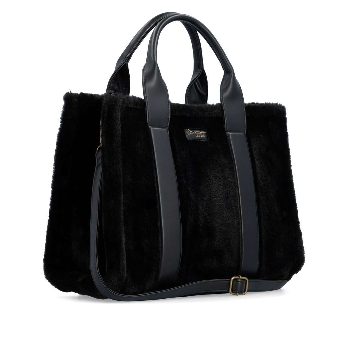 remonte Shopper Q0766-00 in Schwarz mit Reißverschluss, zusätzlichem Schulterriemen und fluffy Obermaterial. Linksseitig.