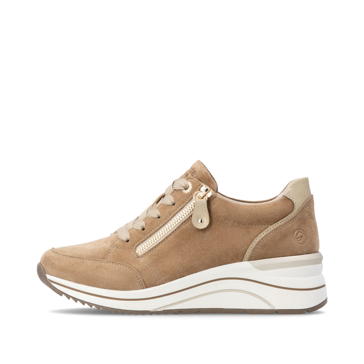 Camelfarbene remonte Damen Sneaker D0T03-64 mit einem Reißverschluss. Schuh Außenseite.