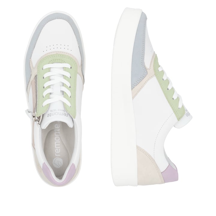 Weiße remonte Damen Sneaker Low D0J01-87 mit einem Reißverschluss. Schuh von oben, liegend.