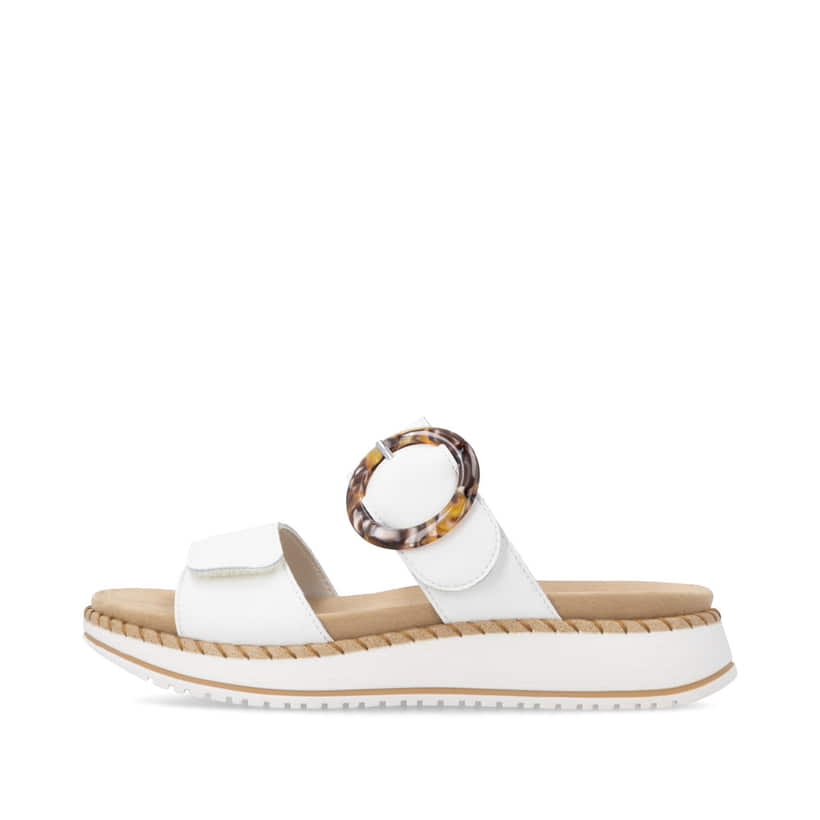 Weiße remonte Damen Pantoletten D3J51-80 mit trendiger Schnalle. Schuh Außenseite.