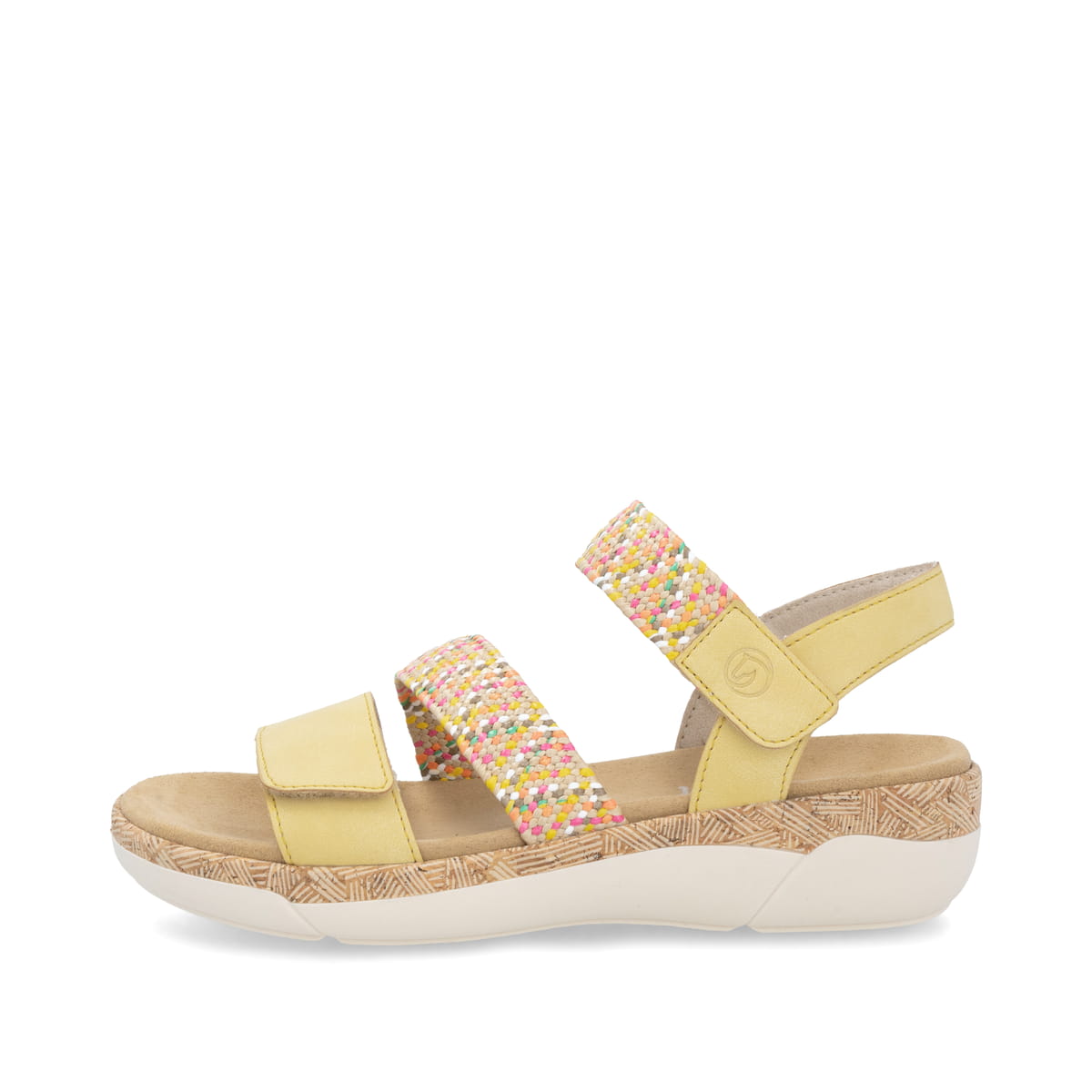 Gelbe remonte Riemchensandalen R6861-68 mit einem Klettverschluss. Schuh Außenseite.