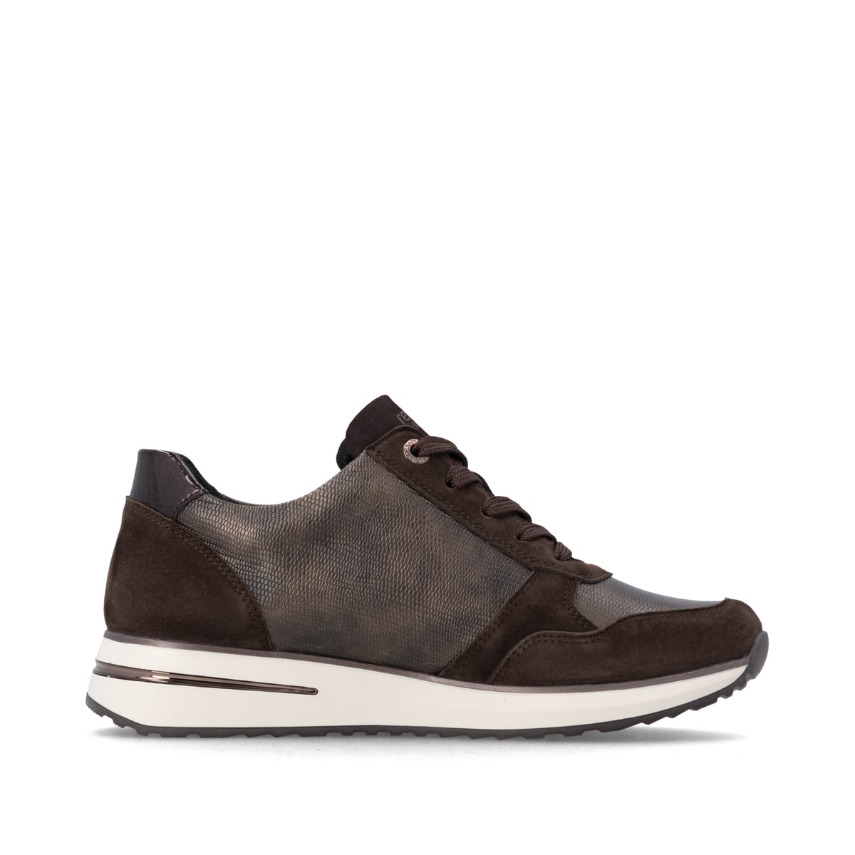 Dunkelbraun-bronzene remonte Damen Sneaker D1G08-25 mit einem Reißverschluss. Schuh Innenseite.