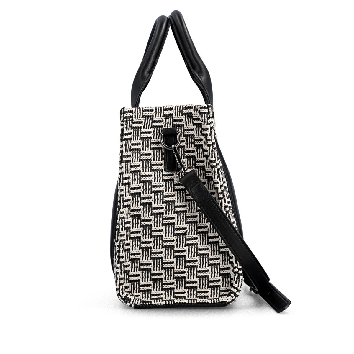 Sac à main remonte Q0767-02 noir avec motif tressé et bretelles amovibles ajustables. Côté droit.