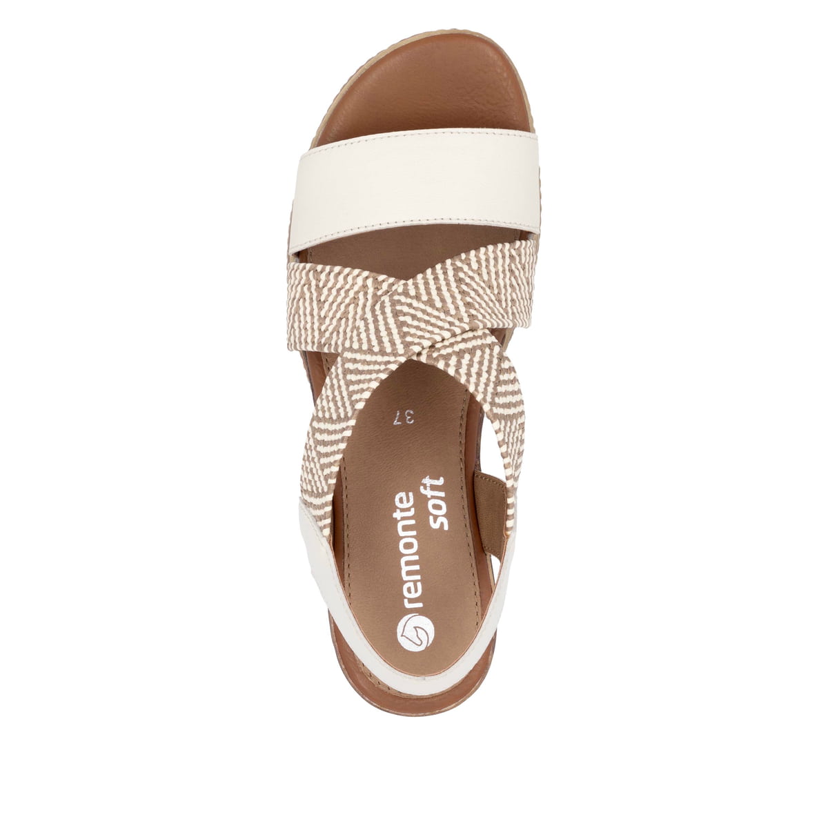 Beige remonte Keilsandaletten D2L54-60 mit Gummizug sowie weicher Innensohle. Schuh von oben.
