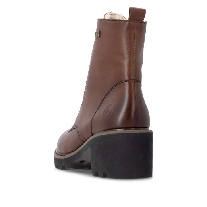 Braune remonte Damen Schnürstiefel D0A81-24 mit wasserabweisender TEX-Membran. Schuh von hinten.