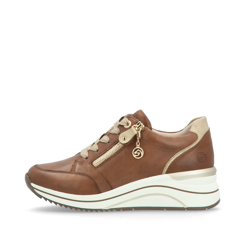 Braune remonte Damen Sneaker D0T03-24 mit remonte Anhänger sowie Reißverschluss. Schuh Außenseite.