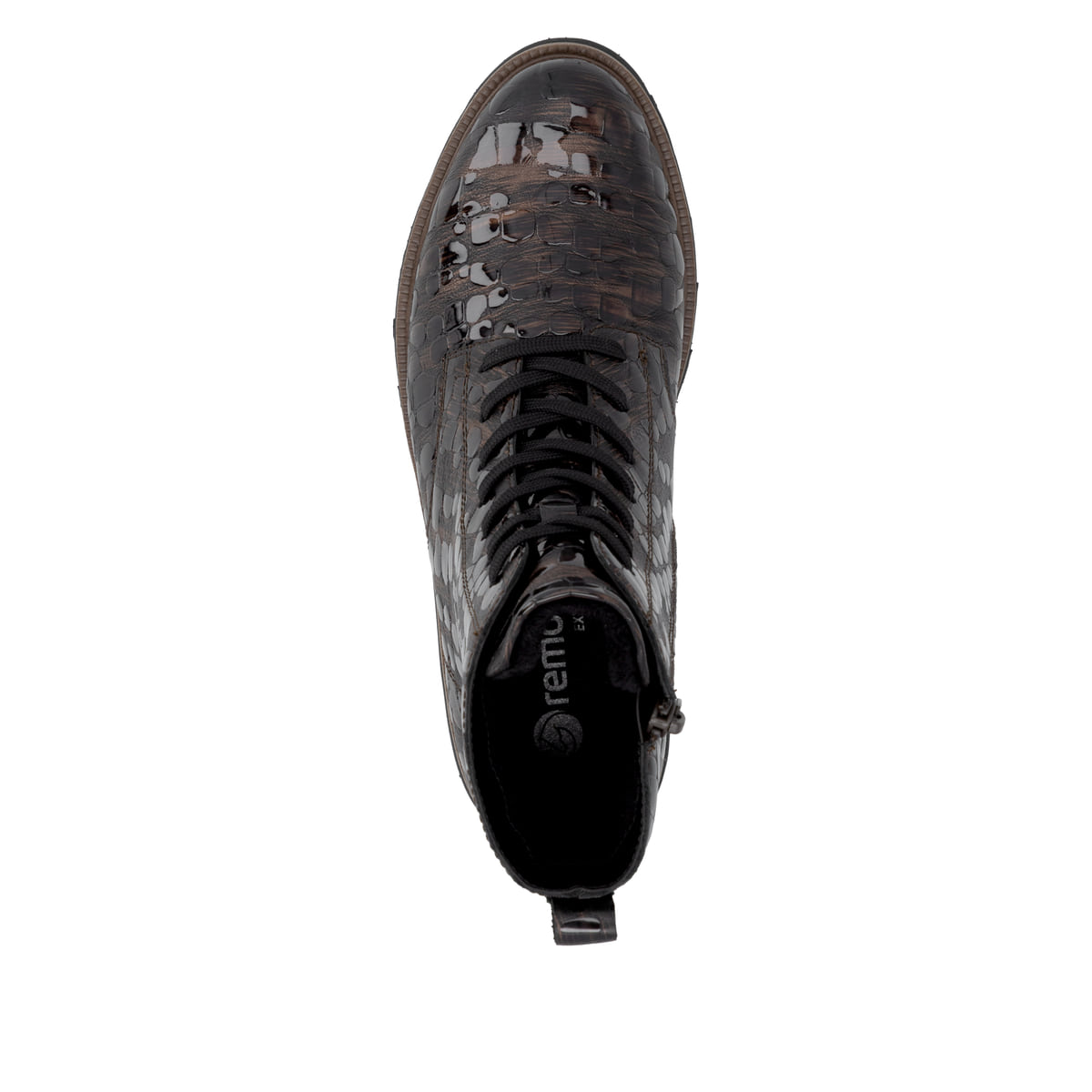 Dunkelbraune remonte Damen Schnürstiefel D3S72-25 mit einem Reißverschluss. Schuh von oben.