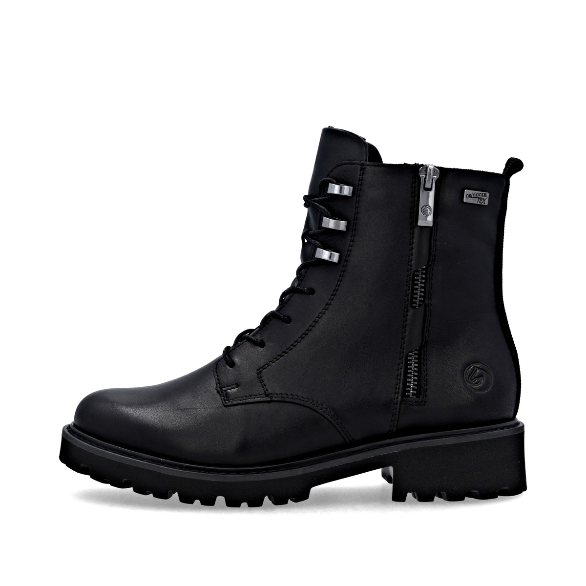Schwarze remonte Damen Schnürstiefel D8656-00 mit wasserabweisender TEX-Membran. Schuh Außenseite.