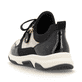 Tiefschwarze vegane remonte Damen Slipper D1S02-04 mit elastischem Schaftrand. Schuh von hinten.