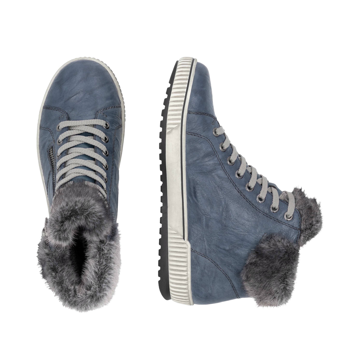 Blaue remonte Damen Schnürstiefel D0780-14 mit wasserabweisender TEX-Membran. Schuh von oben, liegend.