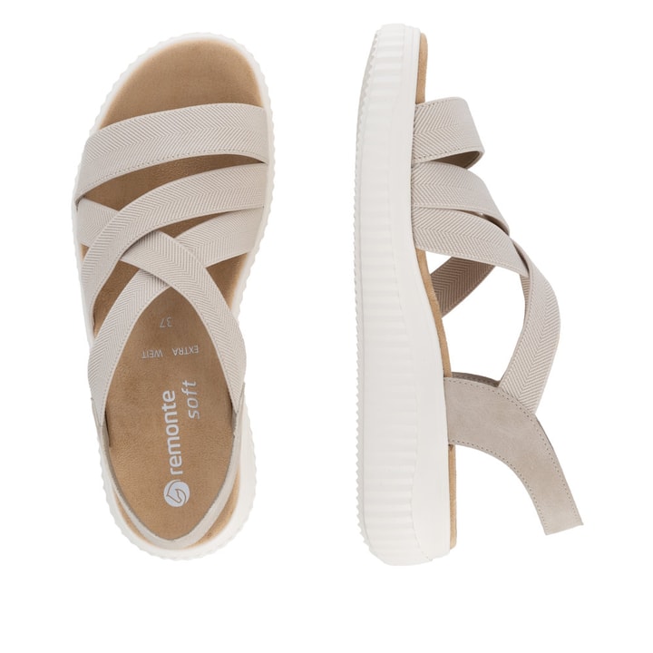 Beige remonte Riemchensandalen D3L52-60 mit einem Gummizug sowie Extraweite H. Schuh von oben, liegend.